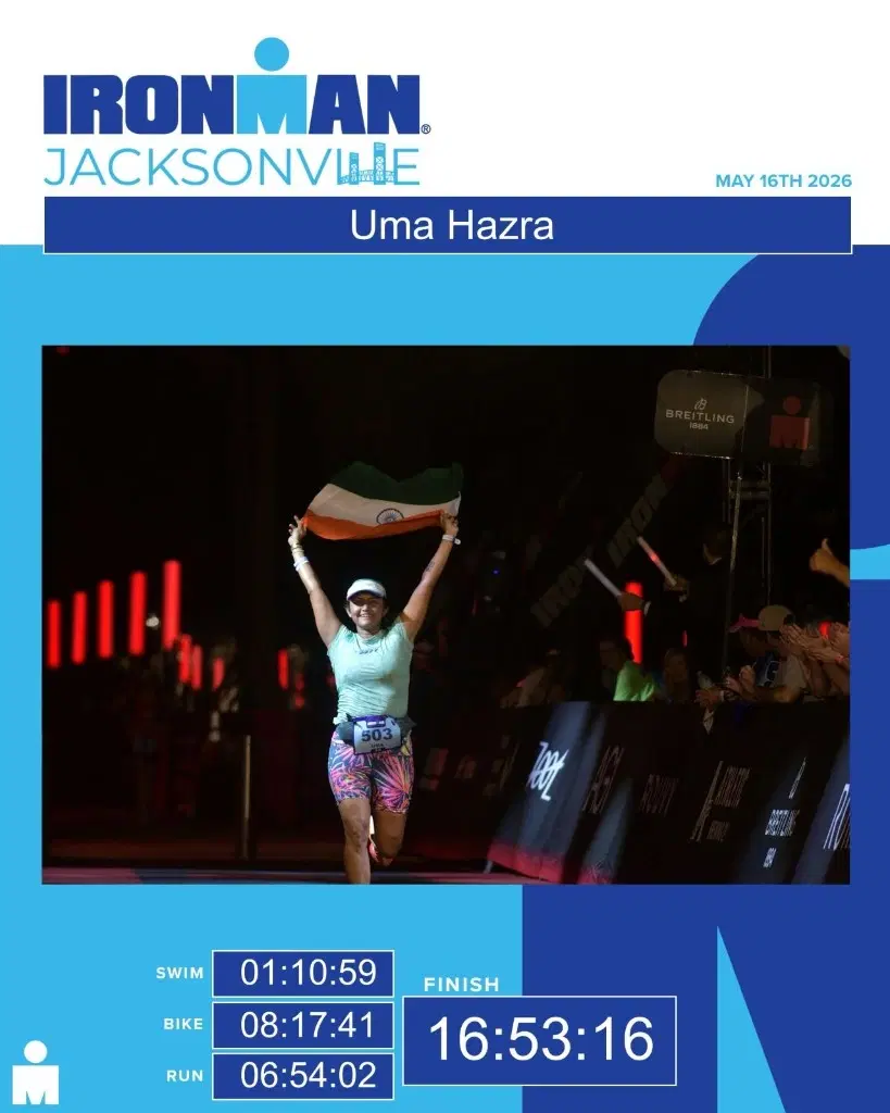 Uma Hazra IRONMAN Jacksonville finisher splits: swim 1:10:59, bike 8:17:41, run 6:54:02, total 16:53:16